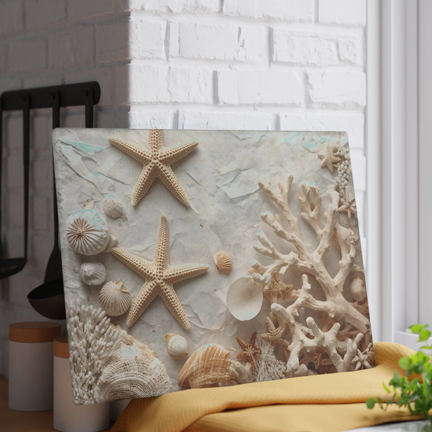 Coastal Seashell Glass Cutting Board Neutral Beach Kitchen Accent with Starfish for Countertop Decor and Serving