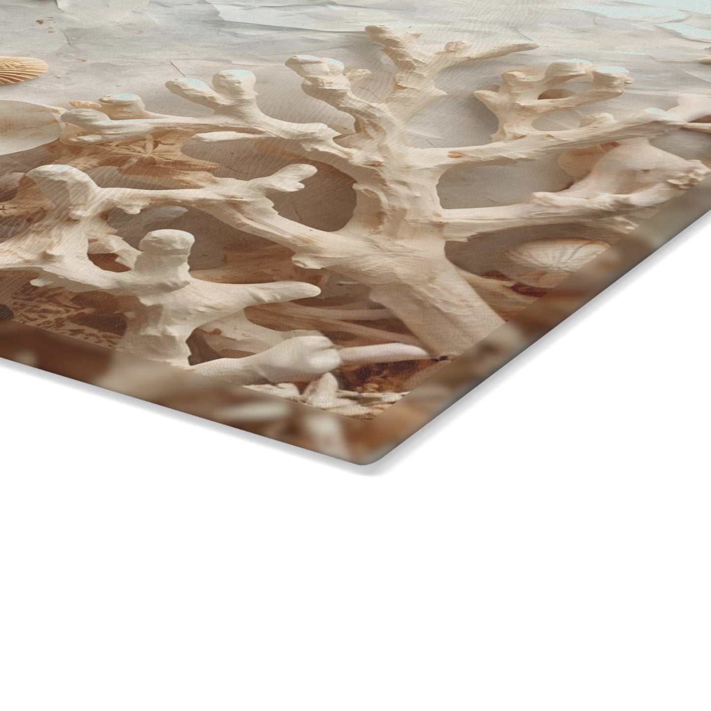 Coastal Seashell Glass Cutting Board Neutral Beach Kitchen Accent with Starfish for Countertop Decor and Serving