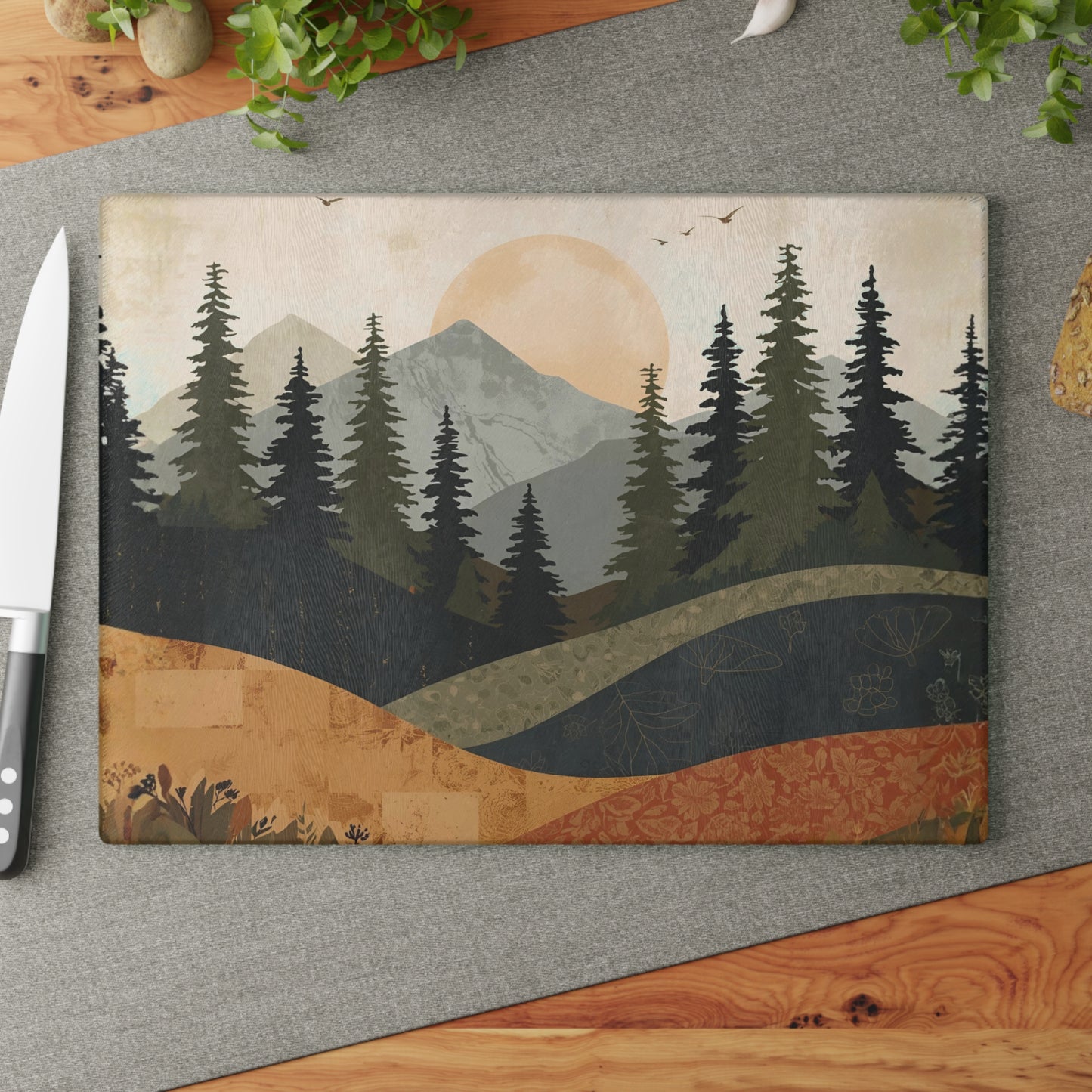 Cutting Board Rustic Mountain Landscape Glass Cutting Board Nature Inspired Kitchen Decor Cabin Cooking Gift